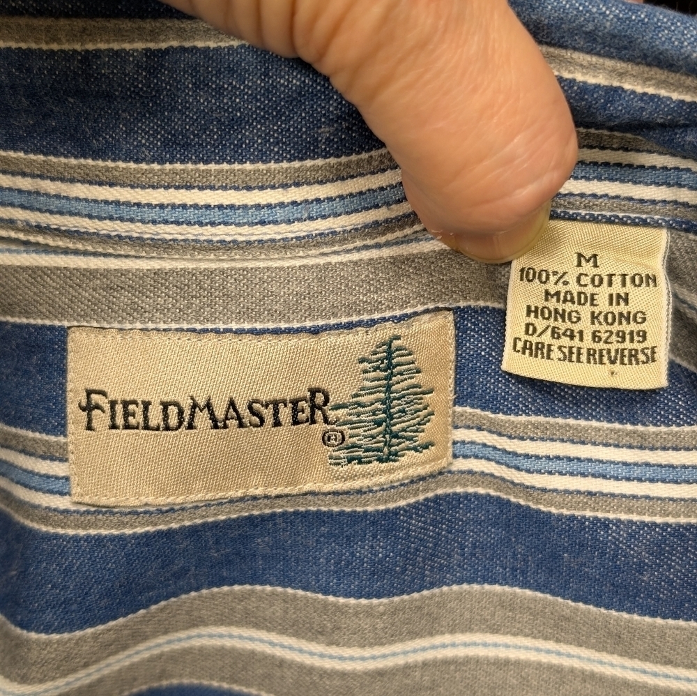 Fieldmaster Vintage Blue White and Tan Denim Striped Button Down Shirt Men's M - Picture 10 of 12